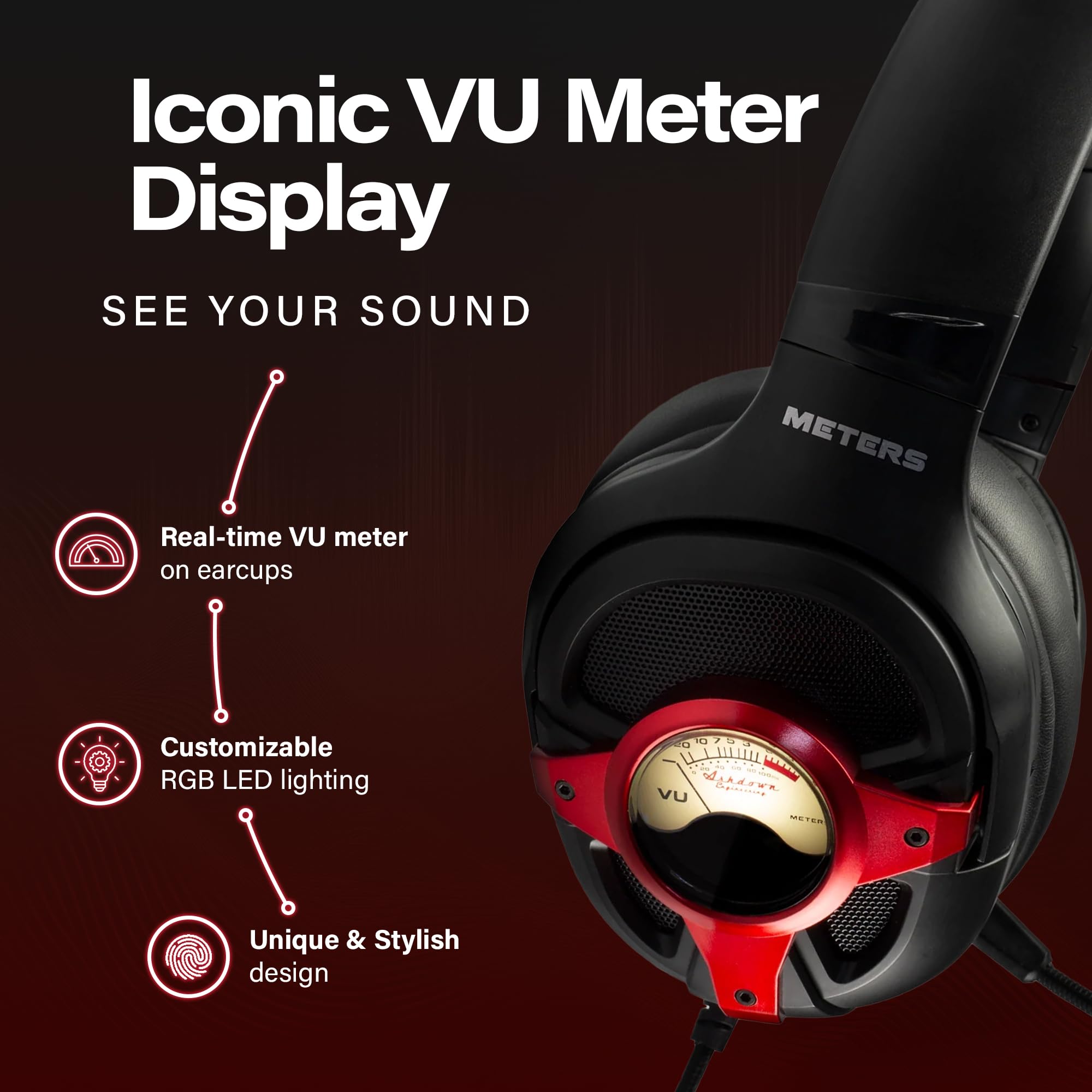 Meters M-Level-UP, Gaming-Headset, 7.1 Surround-Sound, abnehmbares Mikrofon, leistungsstarke 50-mm-Treiber, Inline-Fernbedienung, helles personalisiertes RGB und einzigartige VU, kompatibel mit PC,