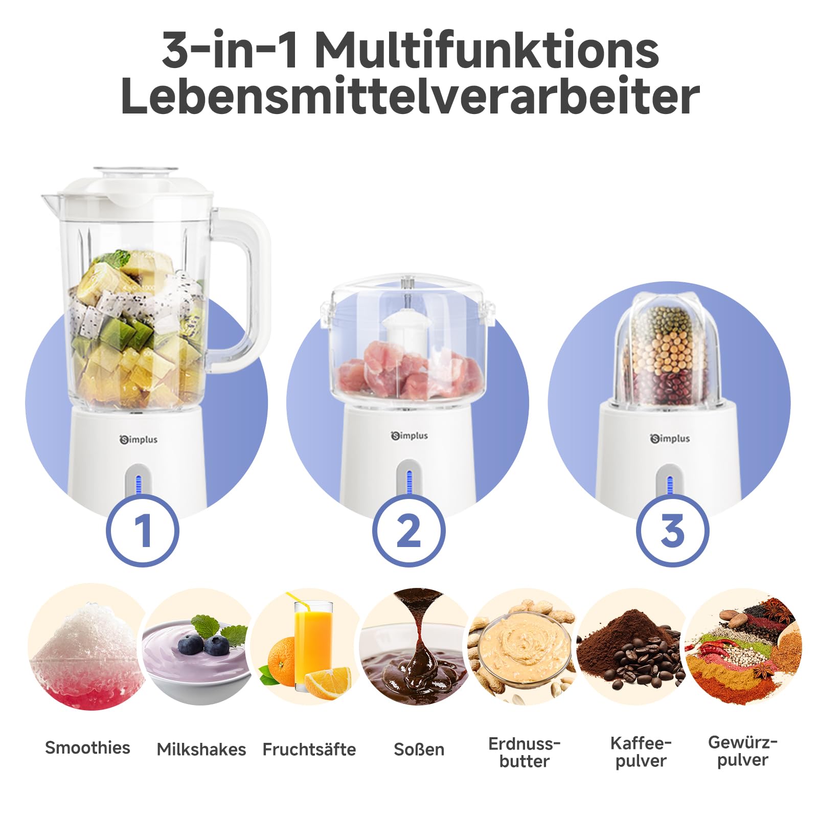 SIMPLUS 3-in-1 Standmixer & Smoothie Maker mit 1,25L Mixbecher, 500ml Fleischwolf & 300ml Mahlbecher, 3 Geschwindigkeitsstufen mit Pulsfunktion, Edelstahlmesser