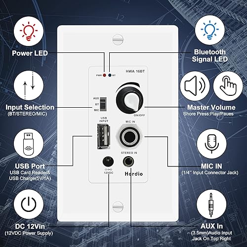 Miniatura 3 de Herdio Altavoces para exteriores de 5.25 pulgadas impermeables de 300 W con amplificador Bluetooth de pared, graves potentes y durabilidad para todo