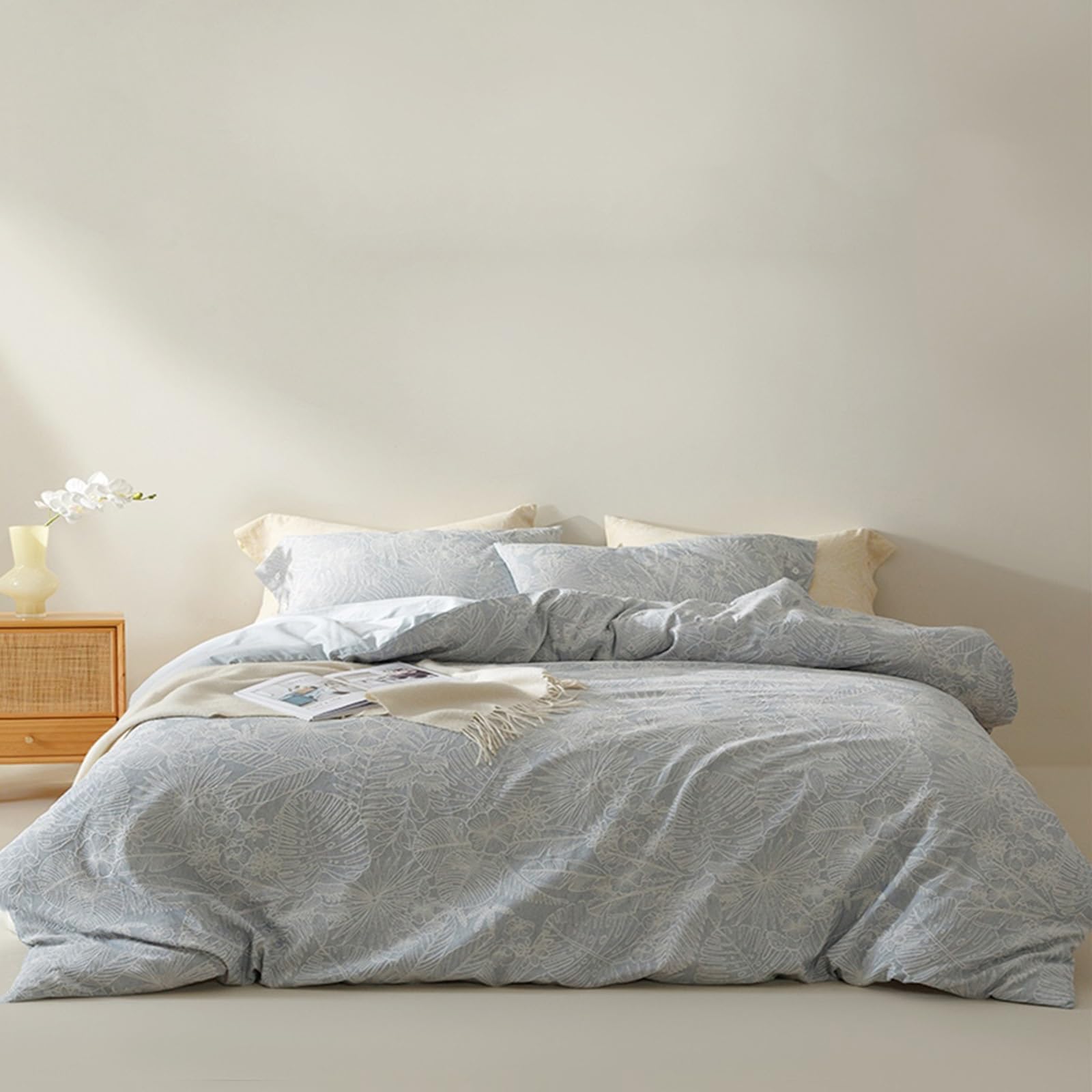 Housse de couette anti-pli coton lavé jacquard en relief 4pcs