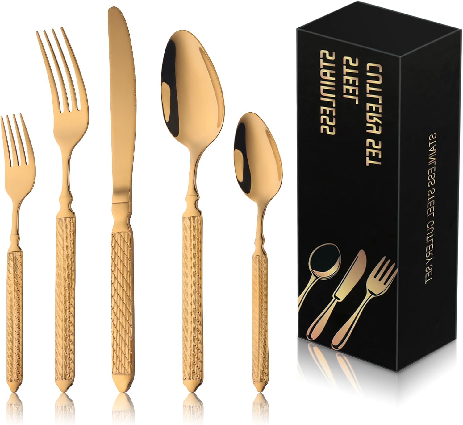 Buyer Star Stainless Steel Gold Silverware Set, 20 Piece Utensil Cutlery Set, Include Knife Fork Spoon Set for 4 with Mirror Polished and Dishwasher Safe, Suitable for Home and Restaurant