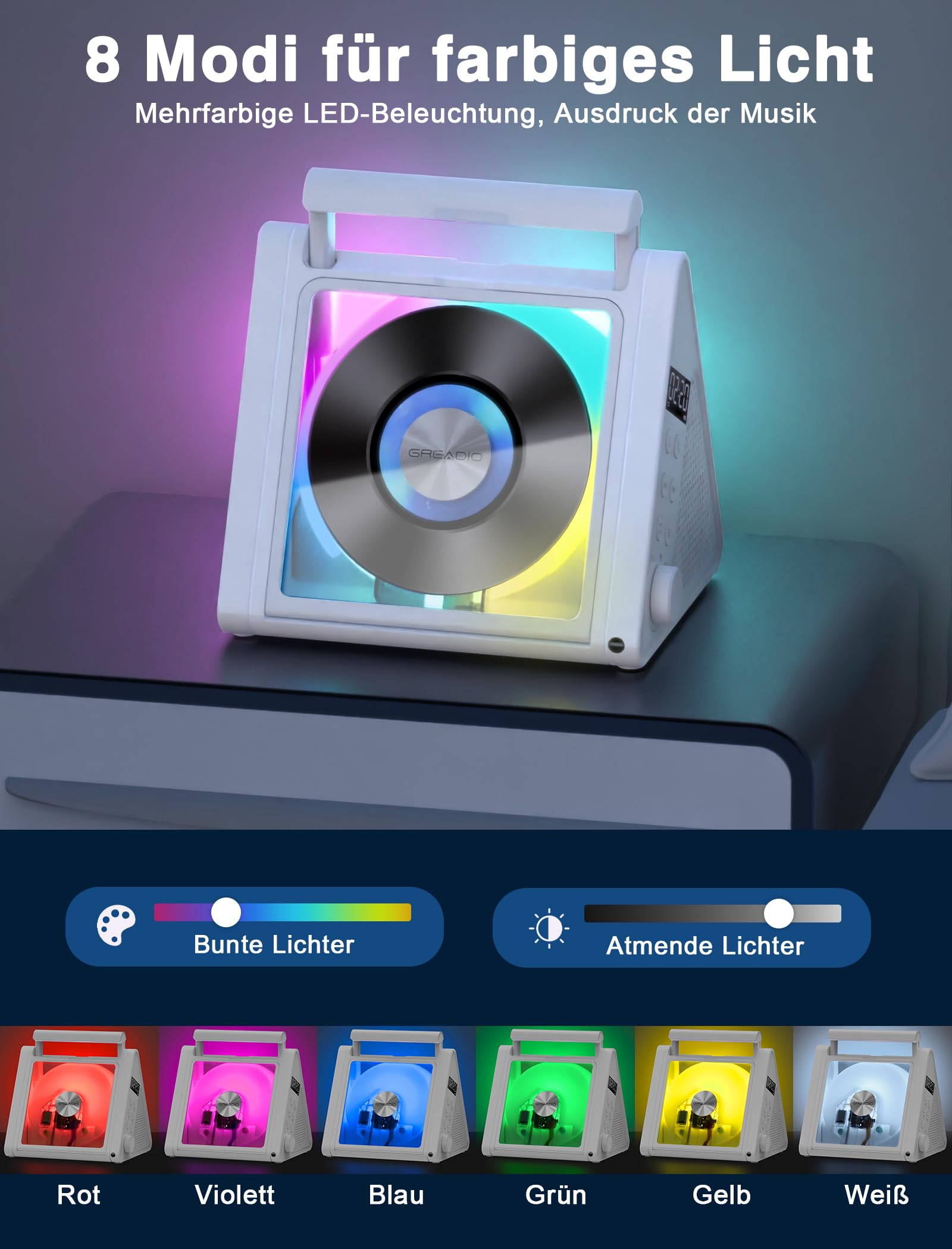 Greadio CD Player Tragbar, 4000mAh Wiederaufladbarer FM Radio mit Stereoanlage und Bluetooth 5.3, USB, AUX, Fernbedienung, 2 * 10W-HiFi-Sound-Lautsprecher, RGB-Farbige Lichter MP3 CD Player Kinder