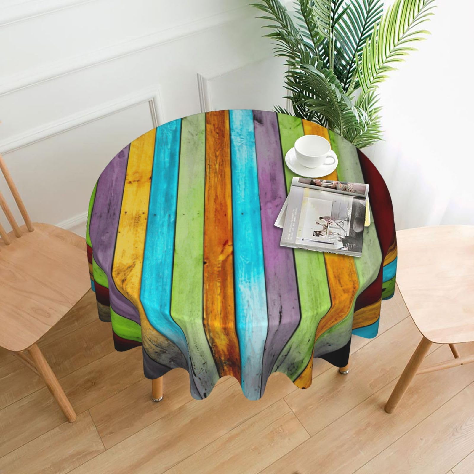 SDEGTHO Colorful Wooden Boards Print Modern Retro Round Tablecloth 60in Polyester Fabric Cover for Party Dining Table Washable