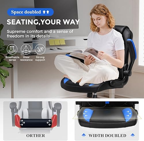 Miniatura 5 de COMHOMA Silla ergonómica para juegos de oficina para adultos, con soporte lumbar, brazos abatibles, altura ajustable, ruedas giratorias de piel