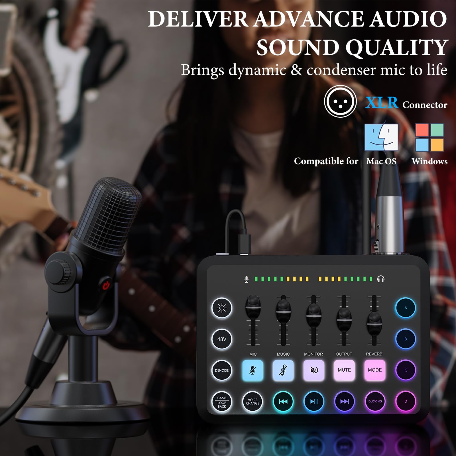 Geekria Mélangeur audio de jeu, mélangeur PC RVB en streaming avec interface microphone XLR,contrôle individuel/fader de volume/bouton muet/alimentation fantôme 48 V pour podcast/enregistrement (noir)