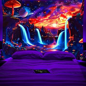 Blacklight Galaxy Tapestry Trippy Space Style UV Reactive Waterfall Fantasy Mountain Tapestry Mysterious Nebula Aesthetic Tapestr Wall Hanging for Home Decor