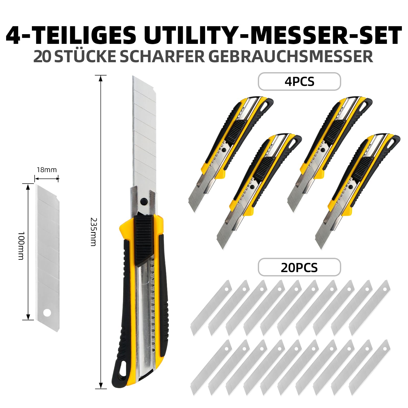 CCLIFE 4 pezzi cutter professionale taglierino 18 mm + 20 lame taglierino maniglia antiscivolo trincetto professionale per cartone moquette e bricolage