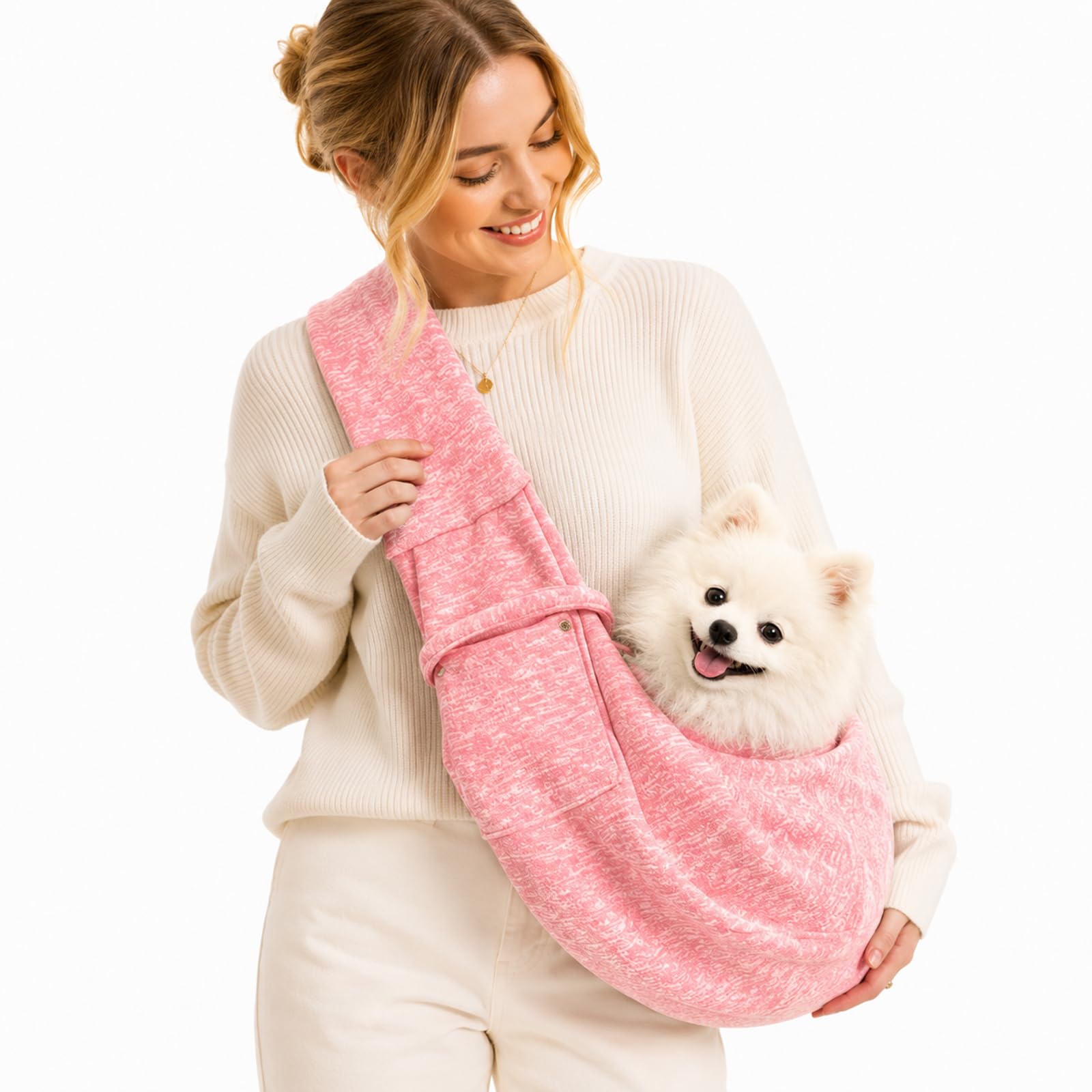 Pink Dog Sling Carrier for Pets Up to 7.5kg with Adjustable Ergonomic Straps - Front Zipper Pocket, Breathable Hands-Free Pet Carrier Bag for Small Dogs Puppies Cats in Urban Outdoor Travel