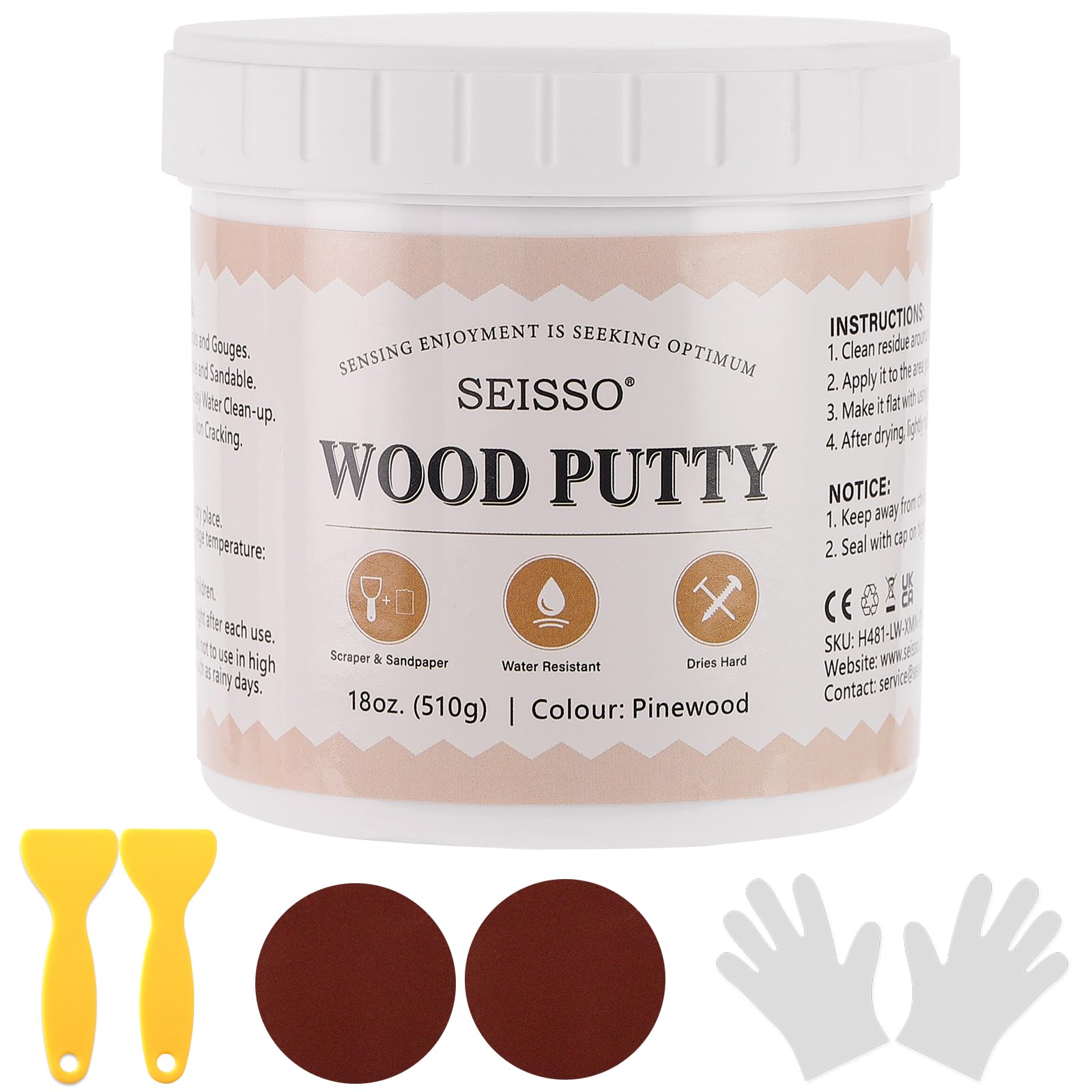 SEISSO Wood Filler, 500g Pinewood Wood Repair Putty, Furniture Repair Set for Repairing Scratches Stains, Cracks, Hole, Table