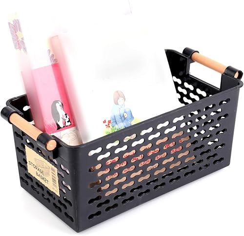 Miniatura 7 de Yesland Paquete de 6 cestas de almacenamiento de plástico, cesta organizadora negra con asas para armario de oficina en casa, 6 x 12 x 5 pulgadas