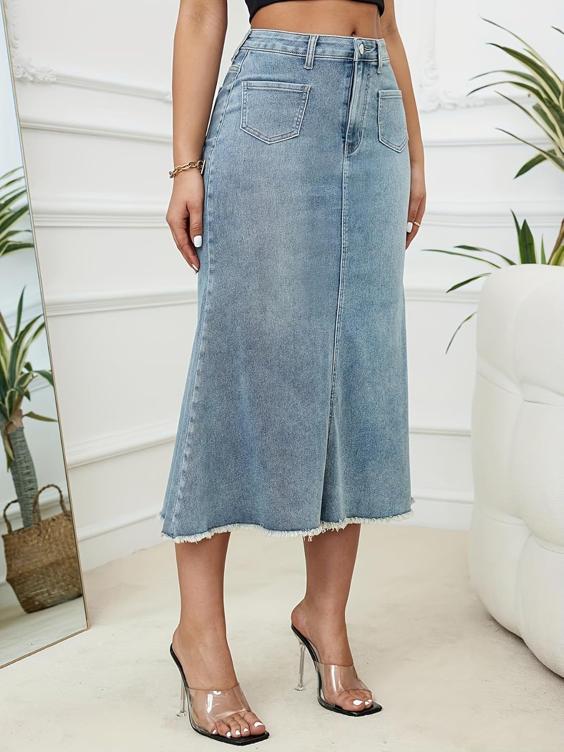Unifizz Long Denim Skirt for Women Casual A-Line Washed Fishtail Denim Maxi Skirt 2025 High Waisted Jean Skirt with Pocket - Image 4