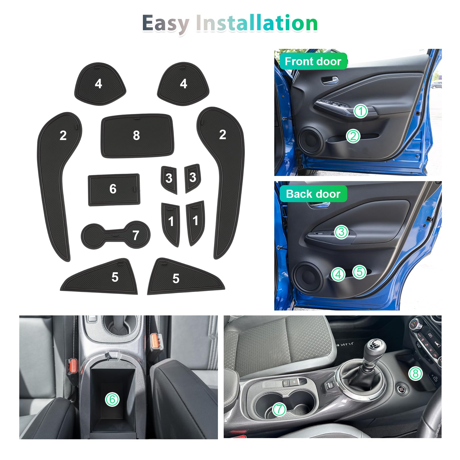 GAFAT Compatibile con Nissan Juke F16 2020-2024 2025 (Freno Elettronico) Tappetini Antiscivolo, Juke Hybrid Tappetini in Gomma, Console Centrale, Cuciture Porte, Accessori Juke F16 (Nero)