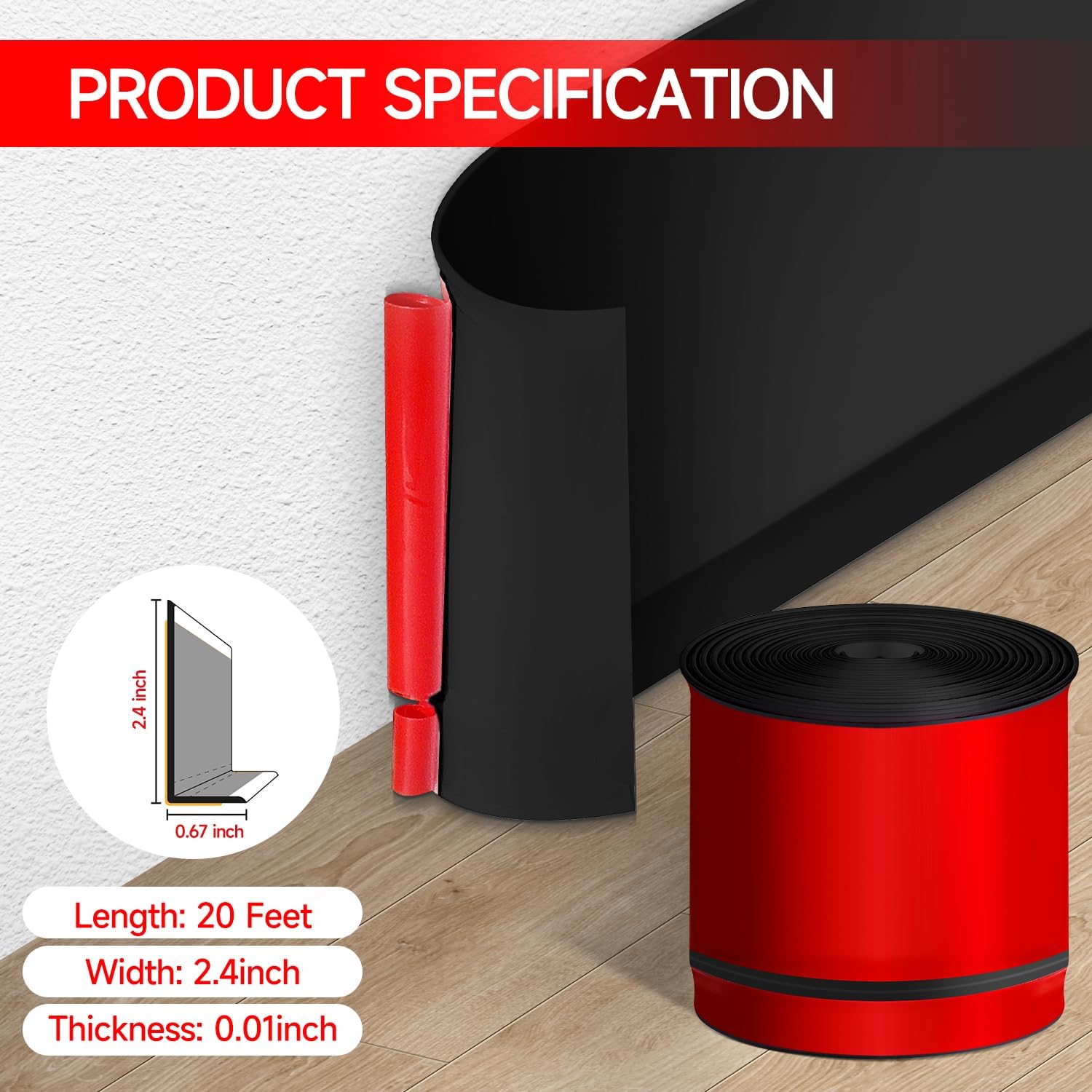 Flexible Baseboard Molding Trim 3 Inch(W) x 20 Feet(L) Self Adhesive Vinyl Wall Base Peel and Stick Cove Base,Rubber Wall Base. (Black) - Image 6