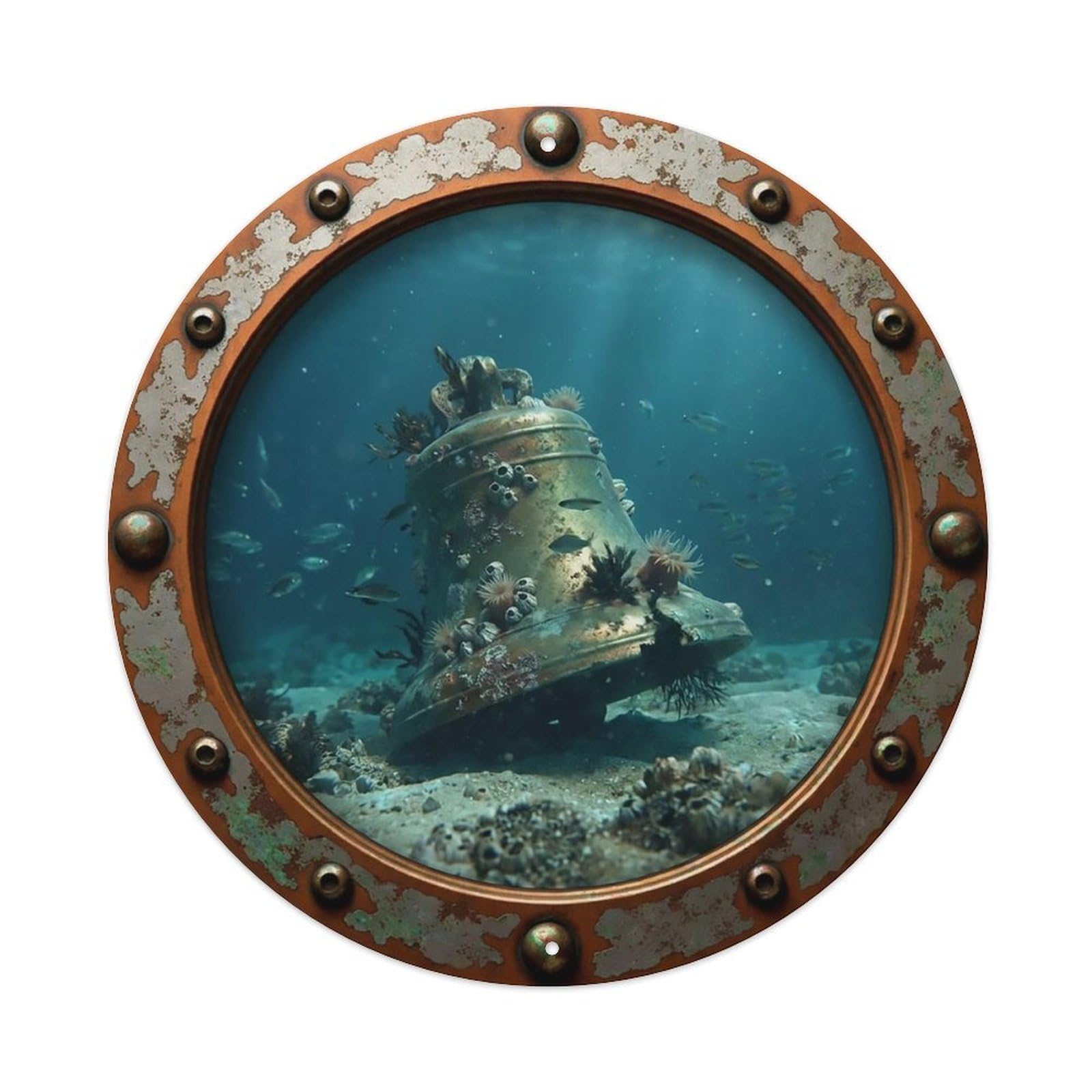 Odgynaw 8X8inch(20X20cm) Vintage Porthole Sunken Bell Nautical Window View Metal Tin Sign