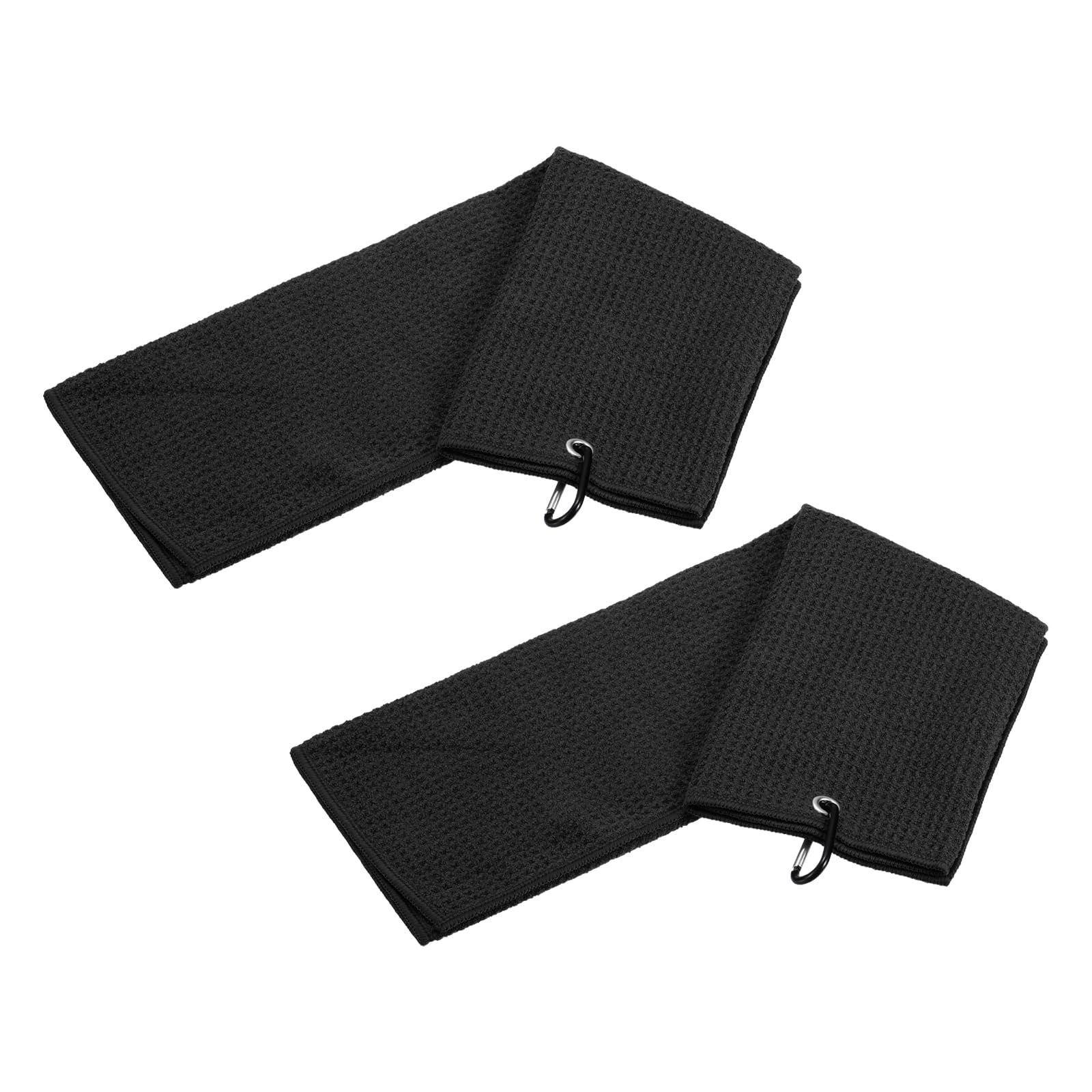 YOKIVE 2 Pcs Tri-Fold Golf Towels, Golf Club Waffle Pattern Towels with D Clip for Golf Balls Lovers (Black, 16x16-Inch)