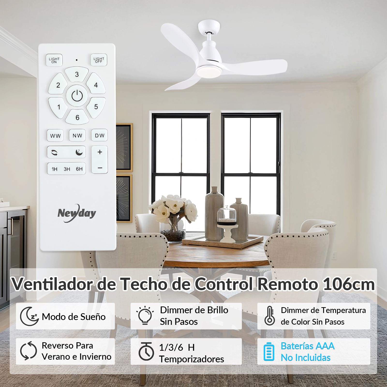 Newday Ventilador de Techo con Luz Blanco, 106cm Lampara Ventilador Techo con Mando a Distancia, LED Dimmer sin Pasos, 7 Modos de Velocidad, Función de Memoria, Motor DC Reversible Silencioso, 3 Aspas
