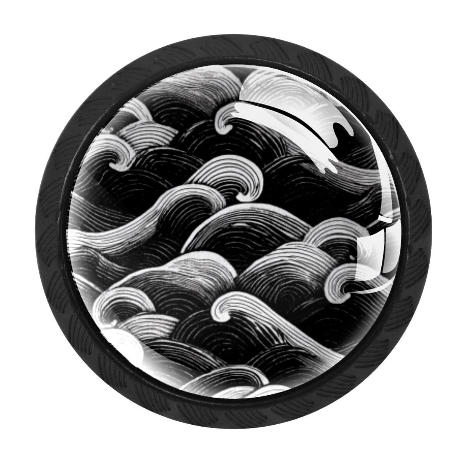 CHENZZZZ 4 pcs Vintage Art Monochrome Waves (5) Cabinet Knobs Crystal Drawer Pulls for Kitchen, Bathroom Cabinet, Dresser and Cupboard