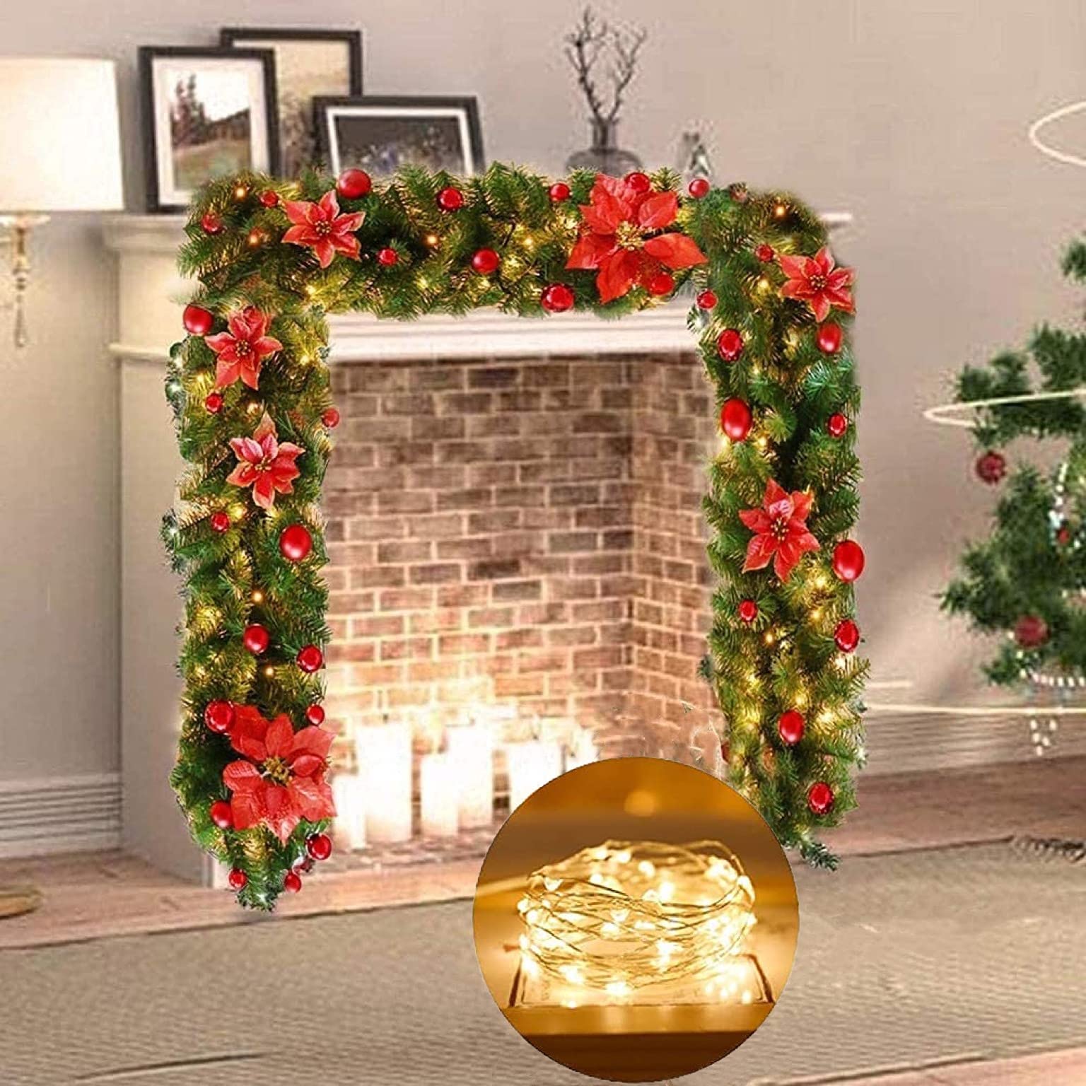 Guirlande De Noël Lumineuse 2,7m - Sapin Artificiel Avec LEDs + Décorations (Boules, Pommes De Pin) - Pour Cheminée, Escalier, Porte