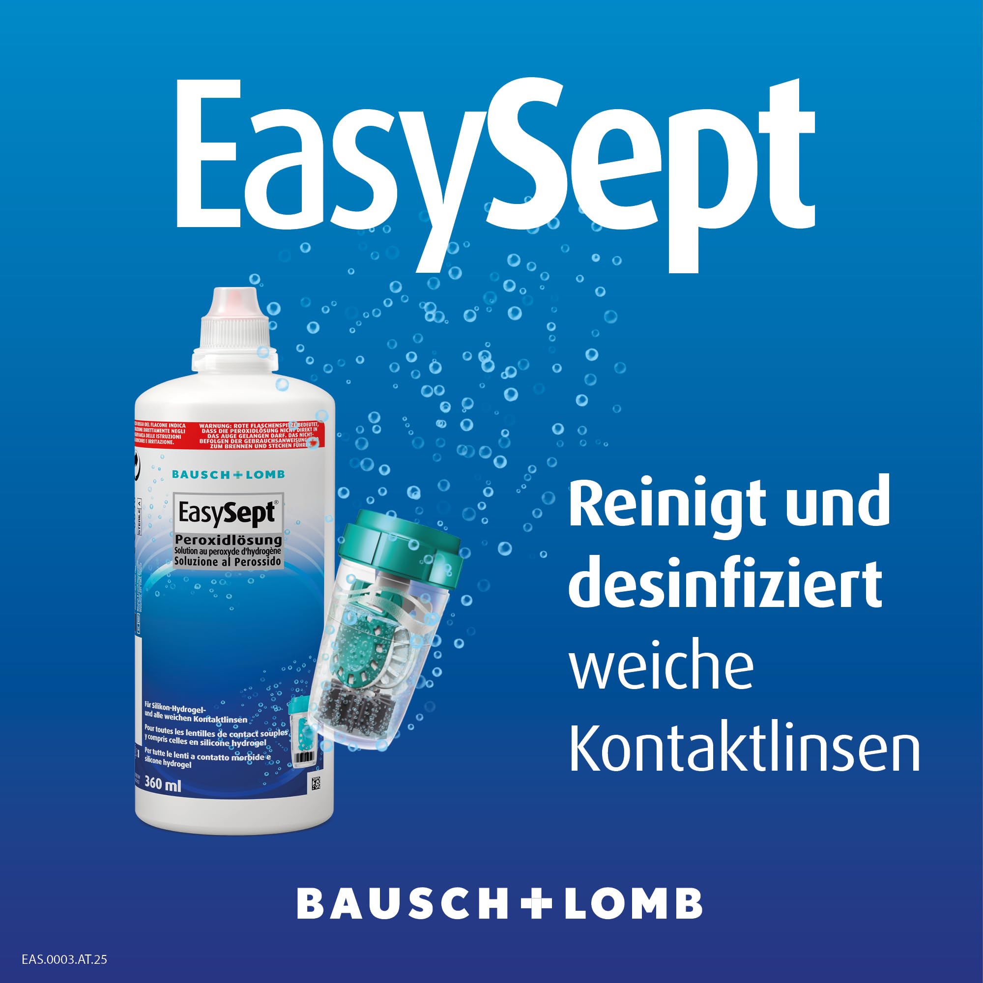 Bausch + Lomb EasySept Peroxidlösung - Kontaktlinsendesinfektions-Lösung für weiche Kontaktlinsen, Einstufen-Peroxidsystem mit Behälter, 3er Pack, 3 x 360 ml