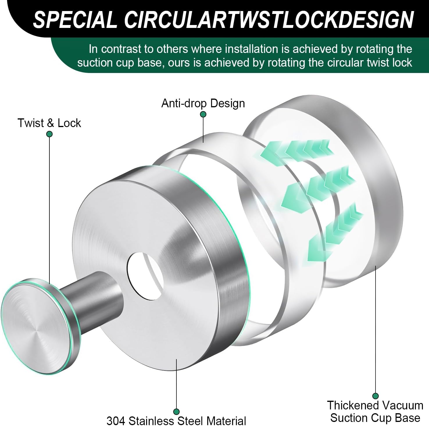 LECHI Suction Cup Hooks, Stainless Steel Waterproof Suction Cup Hooks,No Drill Towel Hooks for Bathroom Wall,Kitchen,Glass,Mirror,Tile to Hang Towels,Robes,Loofah-Silver (Sliver*4)