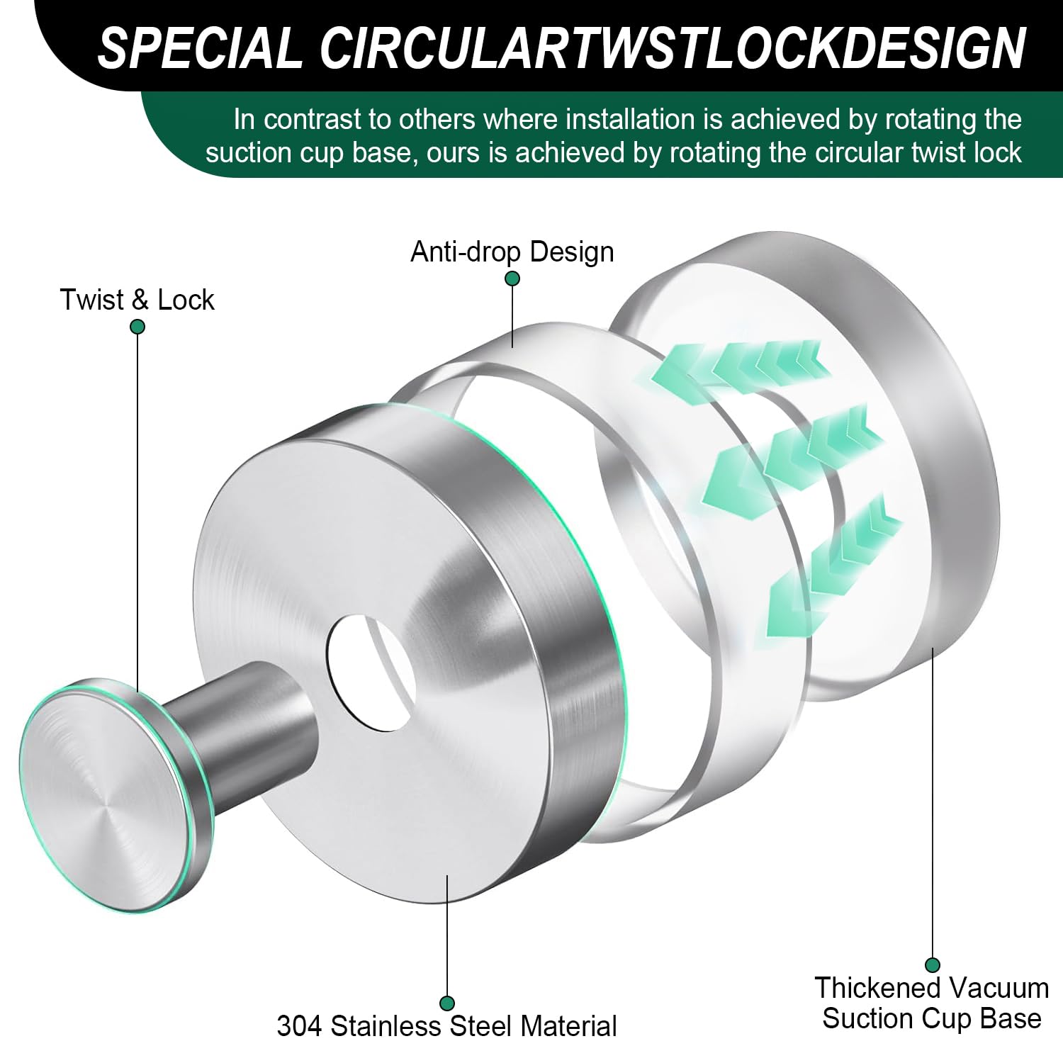 LECHI Suction Cup Hooks, Stainless Steel Waterproof Suction Cup Hooks,No Drill Towel Hooks for Bathroom Wall,Kitchen,Glass,Mirror,Tile to Hang Towels,Robes,Loofah-Silver (Sliver*2)