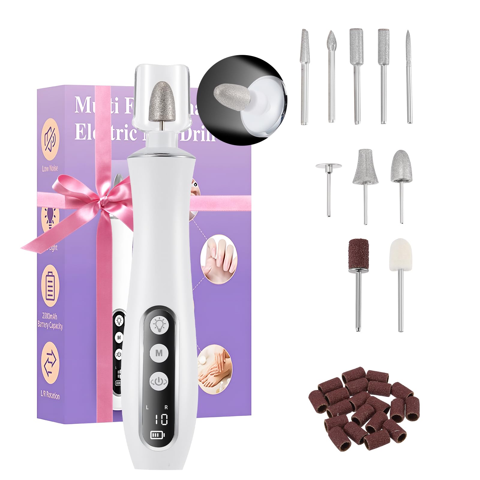 Cordless Electric Nail Drill Kit, Rechargeable Nail File with 360° LED Light & LCD Display