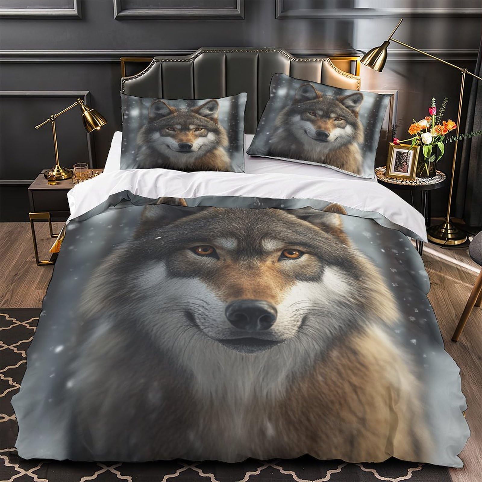 Housse de couette loup 3D 200x200cm drap de couette microfibre et 2 taies d'oreiller lit double