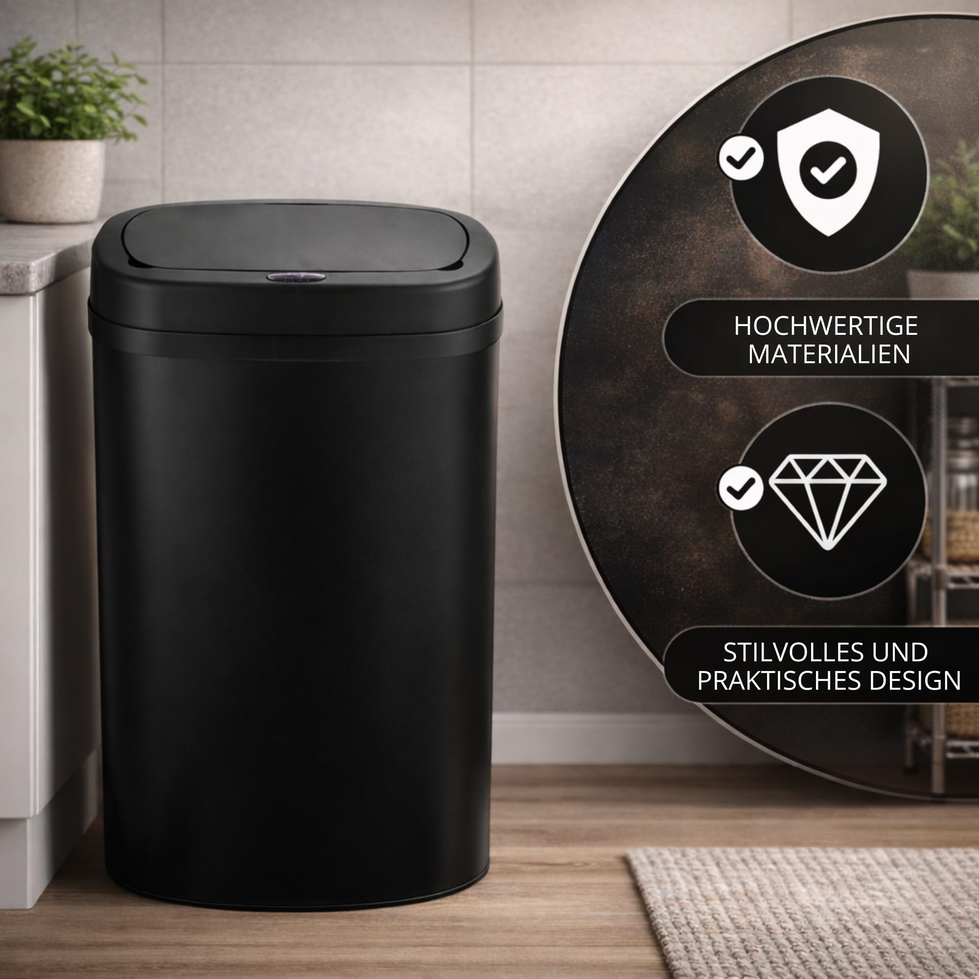 Bayt Mülleimer mit Sensor 60 Liter - Automatischer Abfalleimer für in der Küche, Badezimmer und Homebüro, Berührungslos, Edelstahl, Geruchsarm, Innenring, Schwarz