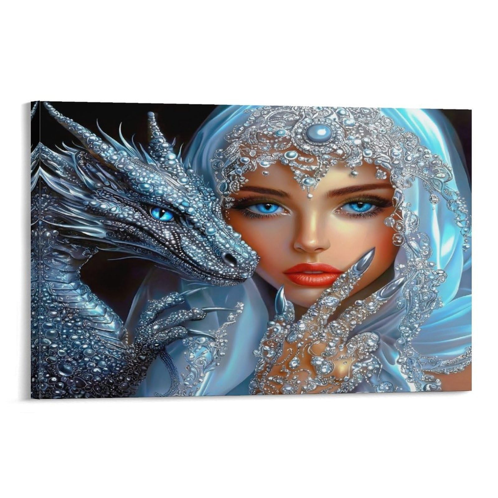 CPLVKWRQJ Silver Dragon Queen Individual Diamond Adorned Lady with Silver Ice Dragon Framed Canvas Art - Living Room Focal Point Fade Resistant Gallery Wall Decor 12x18inch(30x45cm)