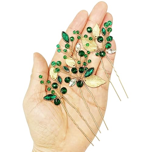 Miniatura 7 de Horquillas de cristal para el cabello de boda, con diamantes de imitación verde esmeralda, hoja dorada, vid, accesorios para fiestas, mujeres y