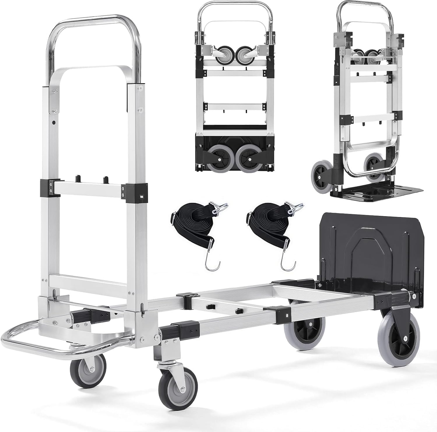 3 in 1 Aluminum Folding Hand Truck Dolly Cart with Wheels 600 Lbs Capacity Collapsible Heavy Duty Convertible Trolley with Retractable Handle for Moving Home Warehouse Office Camping (Black)