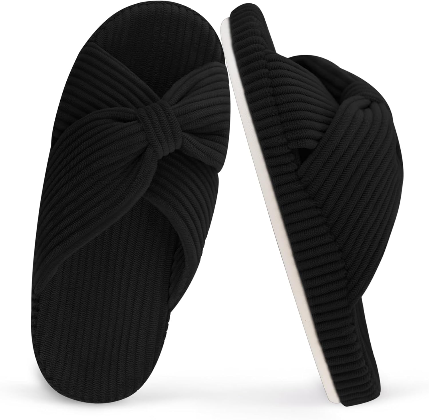 MAJOALLURE Women's Arch Support Slippers for Plantar Fasciitis Orthopedic Corduroy Crossband Memory Foam House Shoes Open Toe Bow Slide for Gift