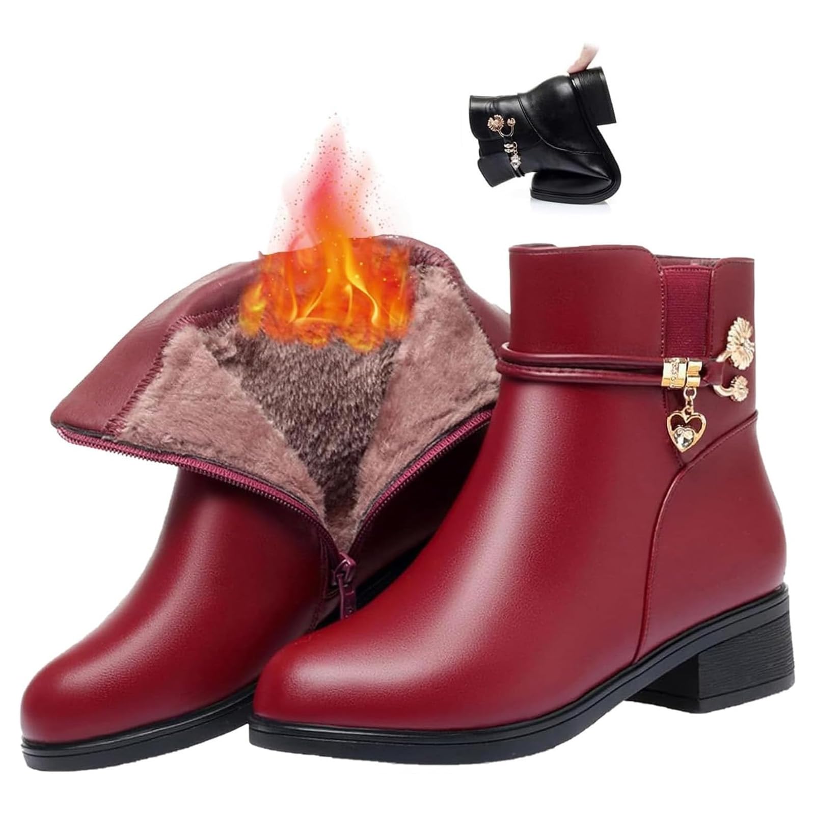 Women's Leather Wool Orthopedic Boots, Waterproof Leather Ankle Boots Winter Warm Rhinestone Block Heel Short Snow Boots (Wine Red, Adult, Women, 6, Numeric, UK Footwear Size System, Medium)