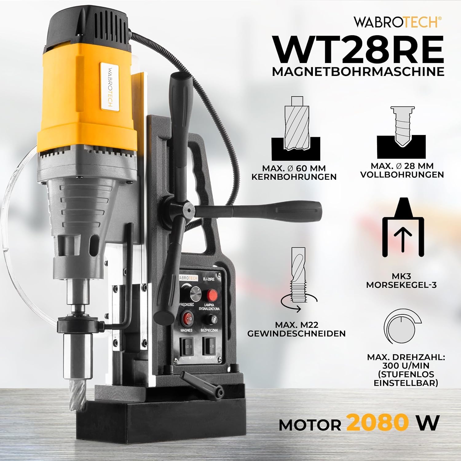 WT28REWG Magnetbohrmaschine 60 mm - Magnet Kernbohrgerät 300 U/min - Magnethaltekraft 13800N - Tragbar Magnetbohreinheit M3-M22 für Metallbearbeitung - Kernbohrmaschine 2080W - Magnetbohrer