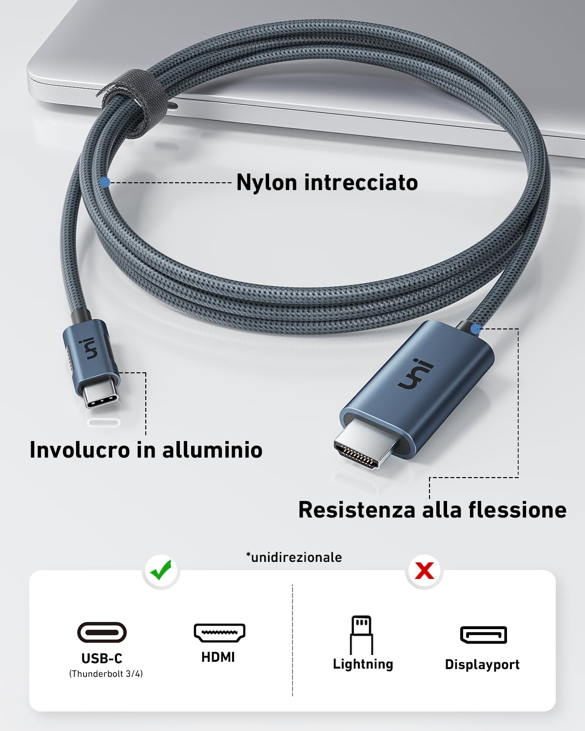 uni Cavo da USB C a HDMI 2.1 [8K@60Hz, 4K@144Hz] 1.8 m, cavo da Thunderbolt 4 a HDMI con HDCP 2.3, per TV/monitor HDR, iPhone 15 Pro Max, Mac Studio, MacBook Pro/Air, iPad Pro, Surface Book 3
