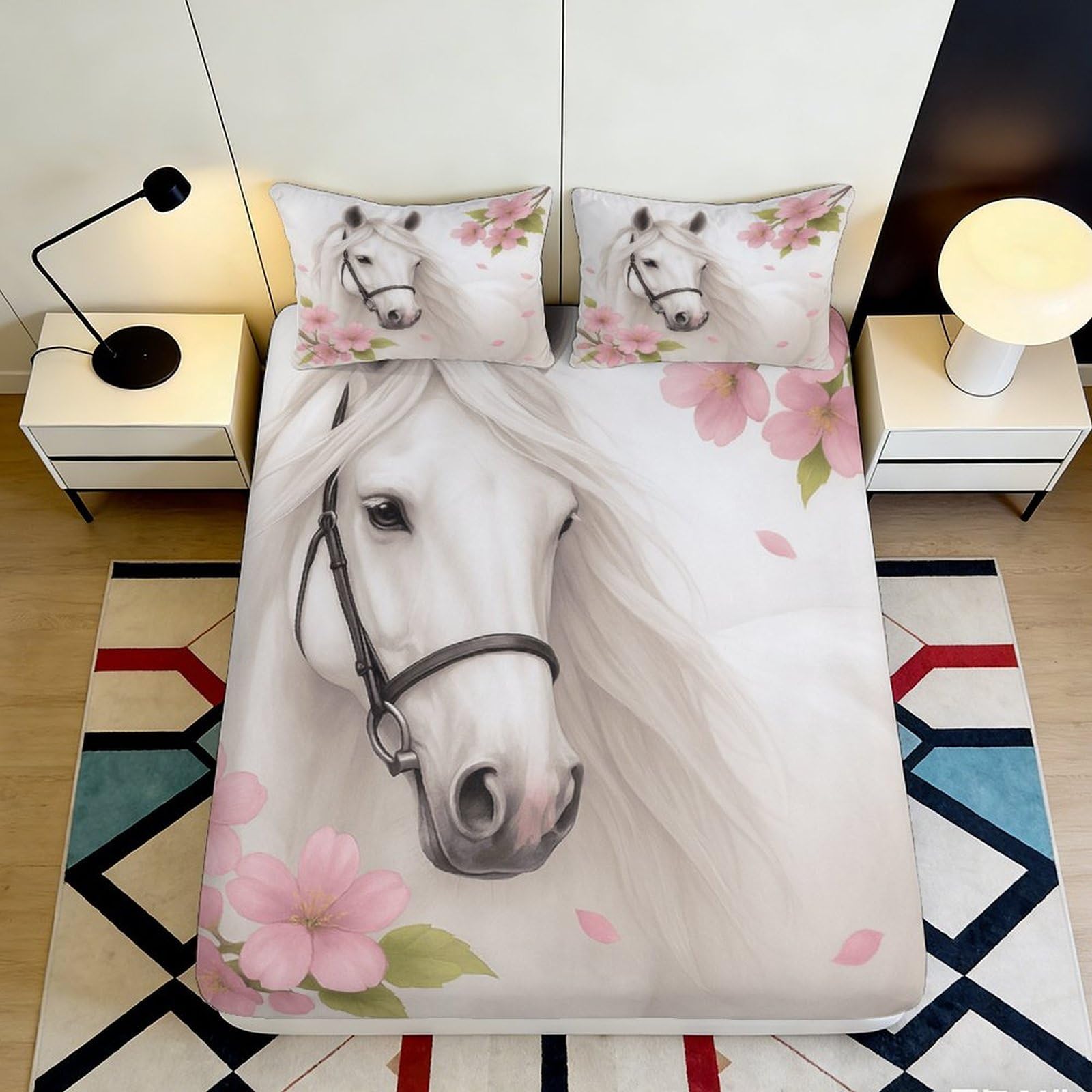 3D Printed White Horse Floral Fitted Sheet Microfiber Soft Breathable Pink Blossom Bed Cover for Bedroom Dormitory Guest Room Mattress Protection Decoration 180x200x25cm