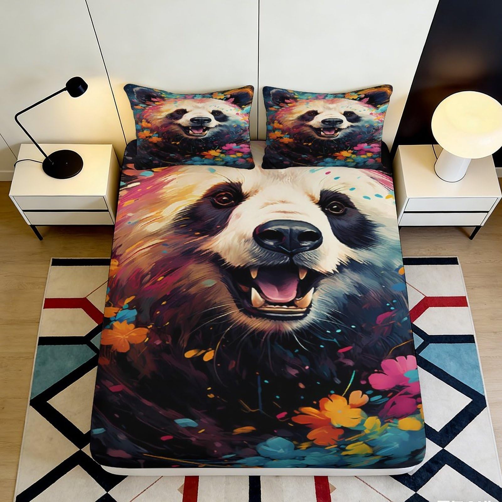 3D Printed Panda Art Fitted Sheet Microfiber Soft Breathable Forest Flowers Mattress Cover for Bedroom and Guest Room 90x200x25cm