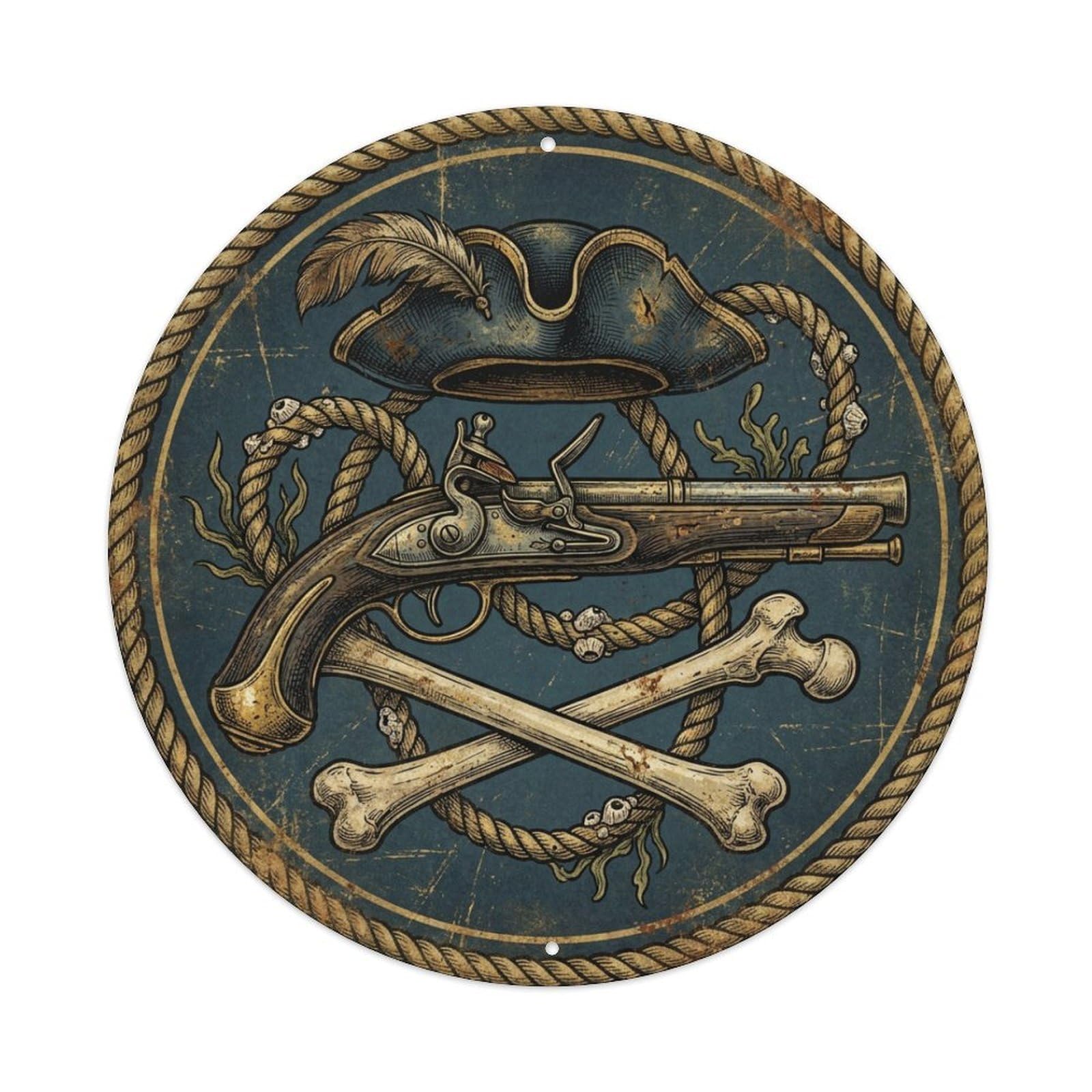 Jolly Roger Flintlock Pistol Rope Tricorn Hat Metal Tin Sign