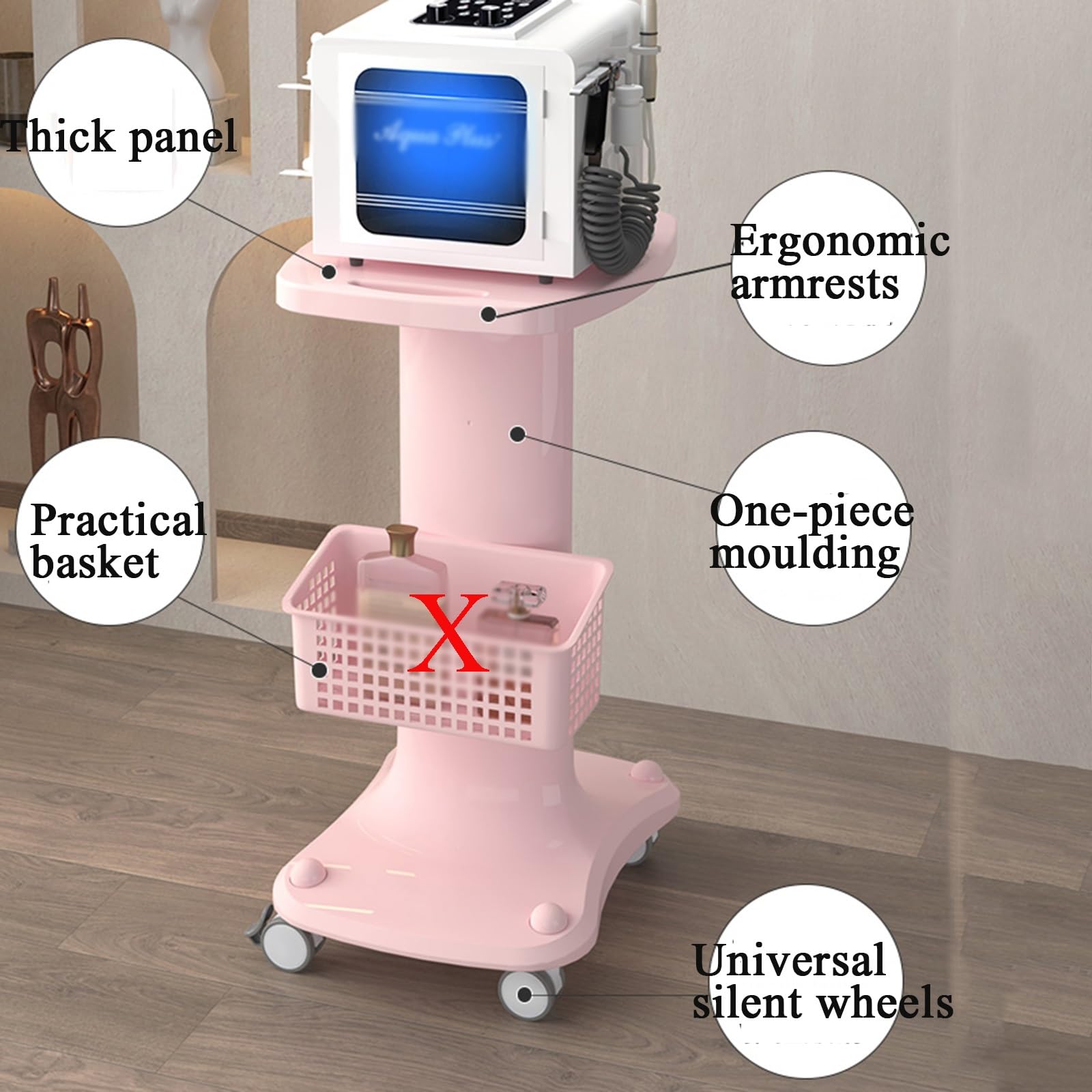 Carrello Estetista in ABS con Pannelli Spessi Carrello Portaoggetti con Ruote Universali Ruote Silenziose Carrello Rotante. con Braccioli Colonna Ispessita.(Pink)