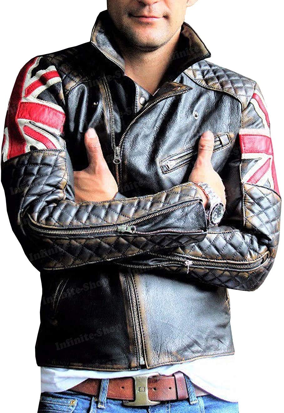 Cafe Racer Veste de moto vintage, Blouson Cuir Vieilli avec drapeau du Royaume-Uni - noir - Large