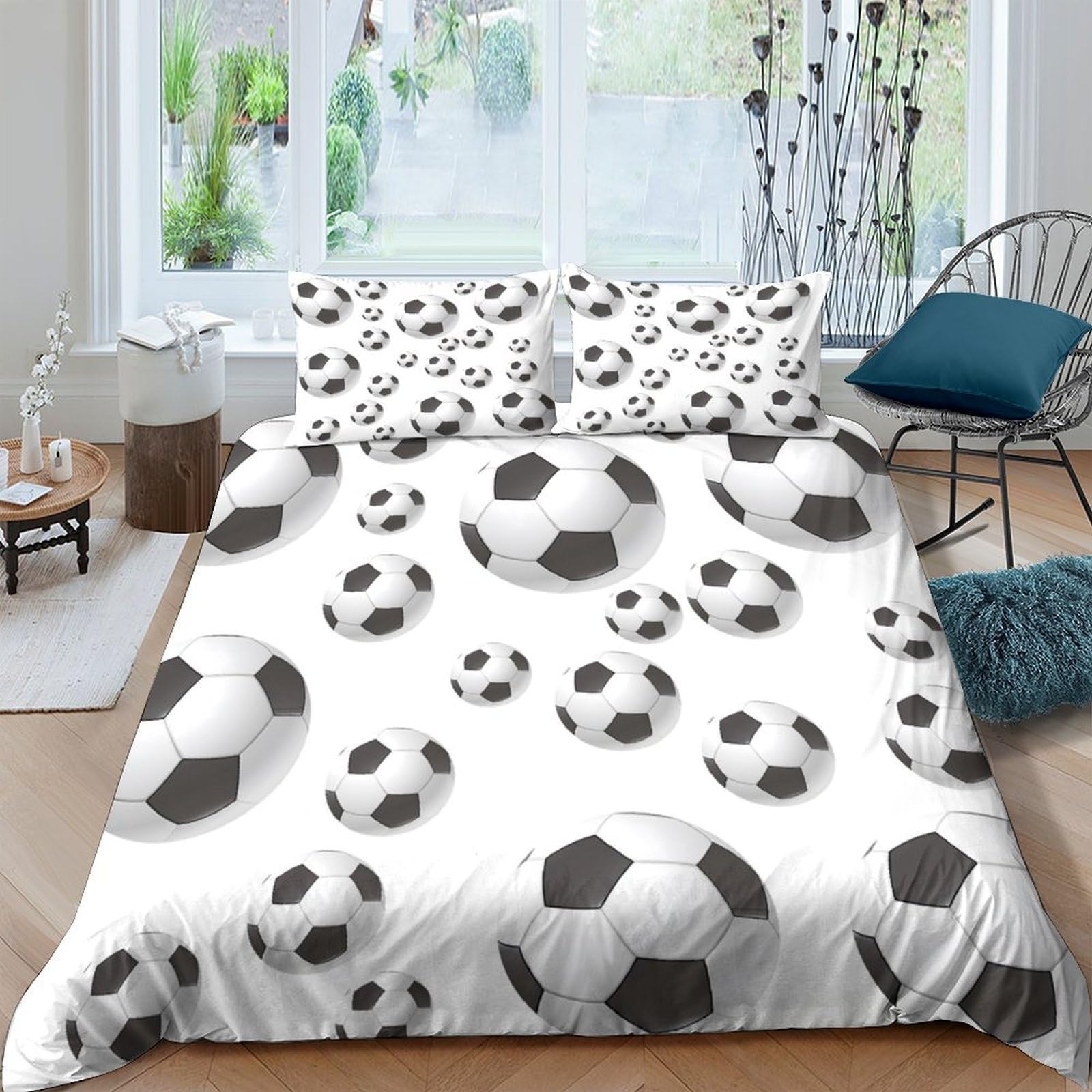 TUFRTGYHN 3D Printed Football Pattern Duvet Cover Microfiber Soft Breathable Soccer Ball Bedding Set with 2 Pillowcases for Bedroom Decor Single（135x200cm）