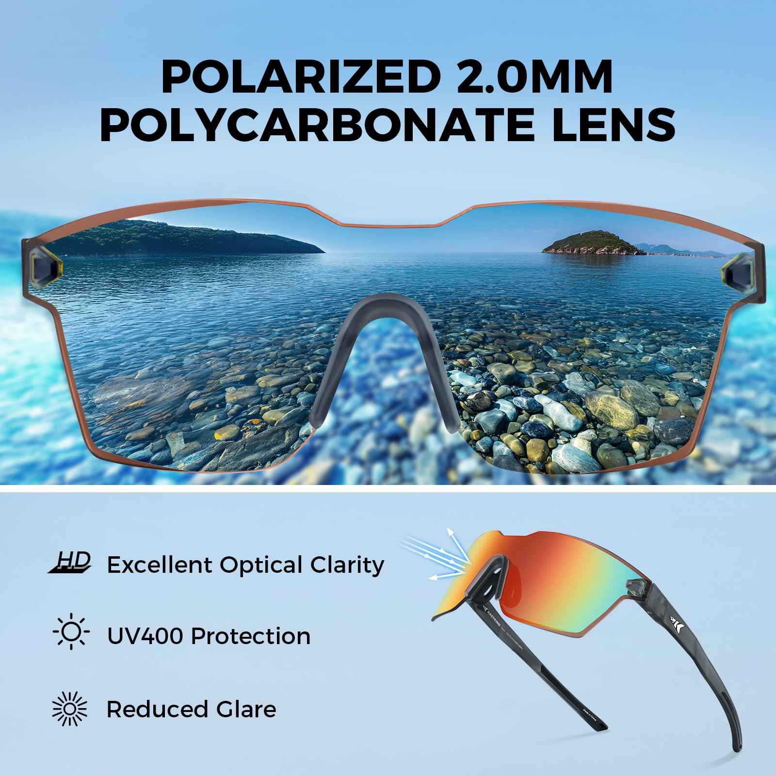 KastKing Tarkio Lunettes de soleil polarisées pour la pêche, grandes lentilles en polycarbonate, design enveloppant, protection UV400, lunettes de soleil de sport