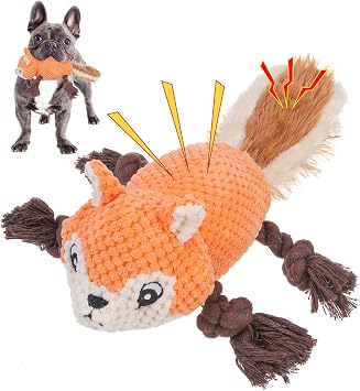 SCENEREAL Squeaky Dog Toys with Soft Durable Fabric for Small, Medium and Large Dogs, Squirrel Plush Dog Toy with Rope for Tug-of-War, Pets Interactive Toys for Indoor Outdoor Play