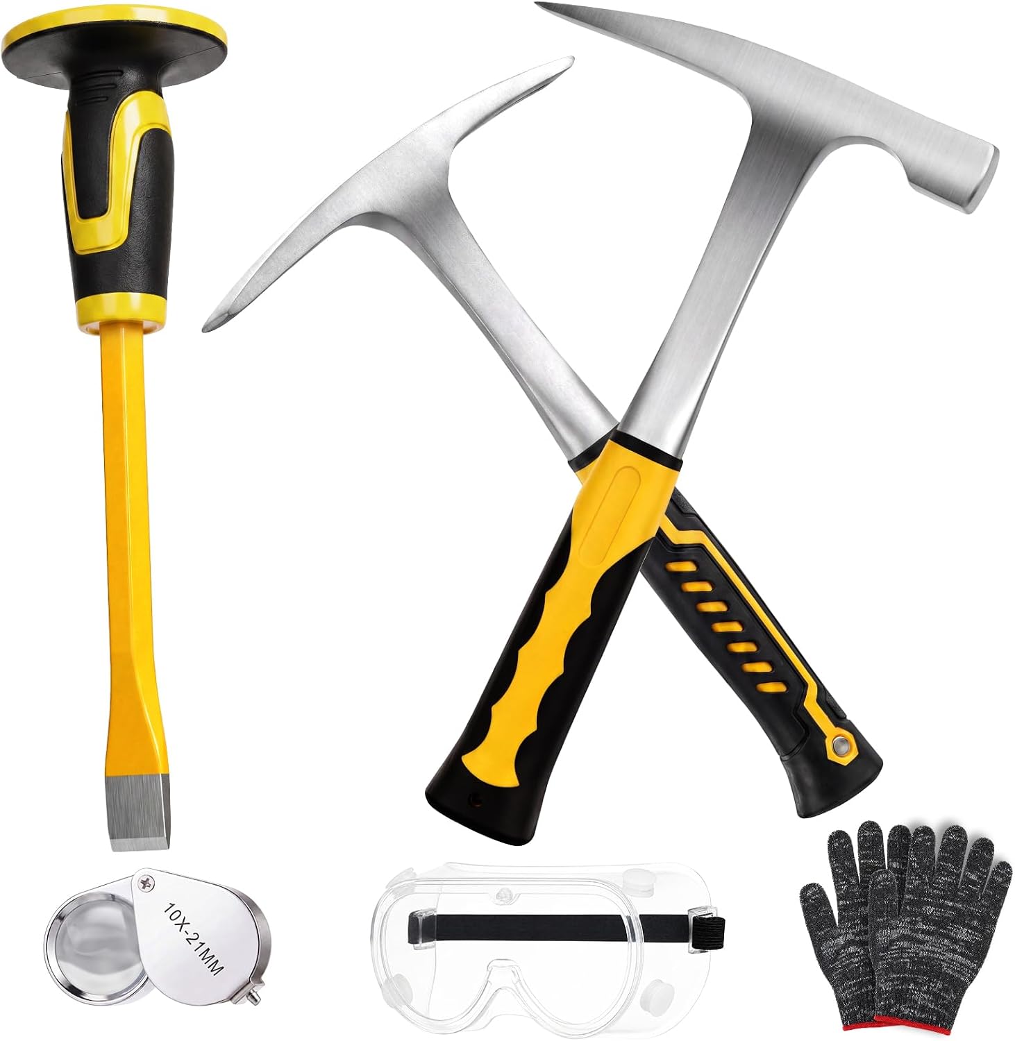 Lasnten 6 Pcs Geology Rock Pick Equipment Kit, with 2 Pcs 12” Pick Hammer, 12” Mason Concrete Chisel, Safety Goggles, Magnifier, Gloves, Ideal for Hounding, Gold Mining & Prospecting, Stone Breaking