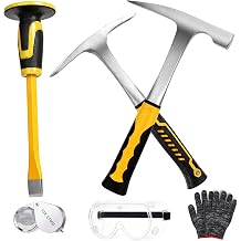 Lasnten 6 Pcs Geology Rock Pick Equipment Kit, with 2 Pcs 12'' Pick Hammer, 12'' Mason Concrete Chisel, Safety Goggles, Magnifier, Gloves, Ideal for Hounding, Gold Mining & Prospecting, Stone Breaking