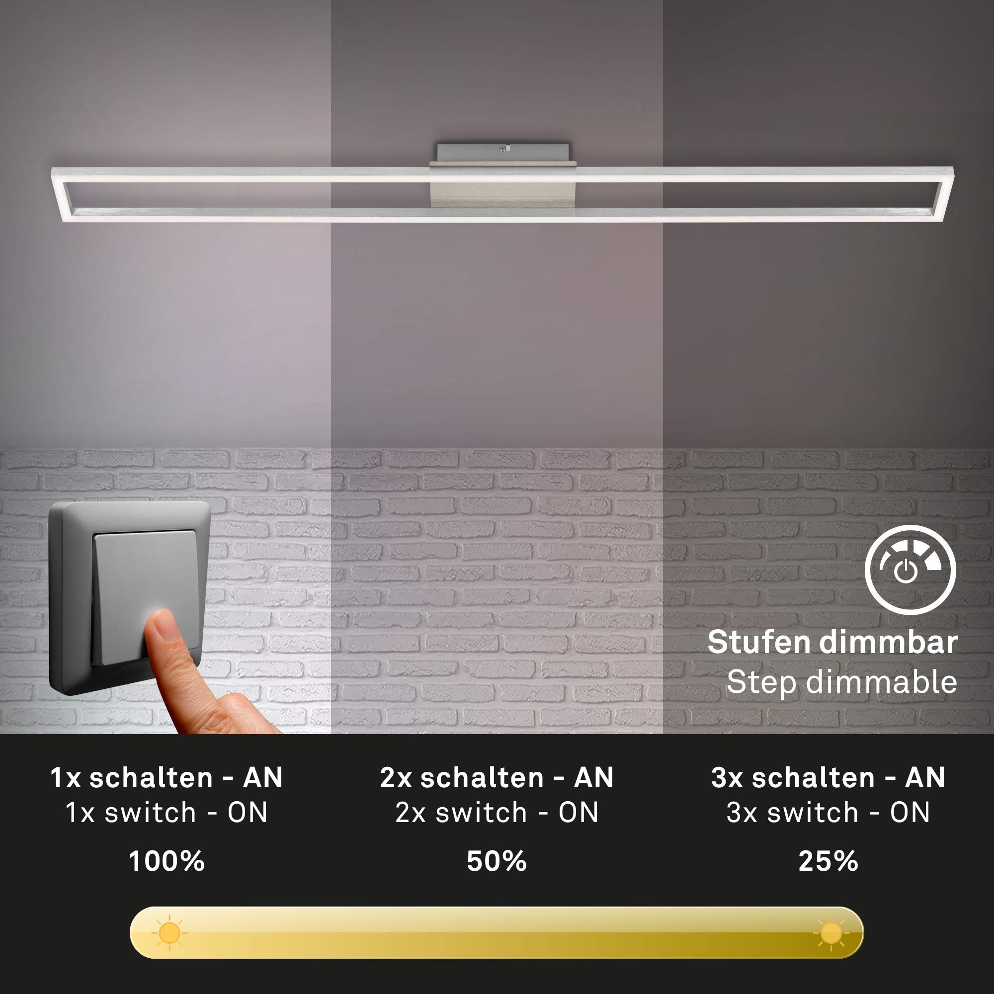 BRILONER - LED Deckenlampe dimmbar in Stufen, warmweiße Lichtfarbe, 18 Watt, 1600 Lumen, Lampe, Deckenleuchte, Wohnzimmerlampe, Schlafzimmerlampe, Küchenlampe, 110x12x5 cm, Aluminiumfarbig