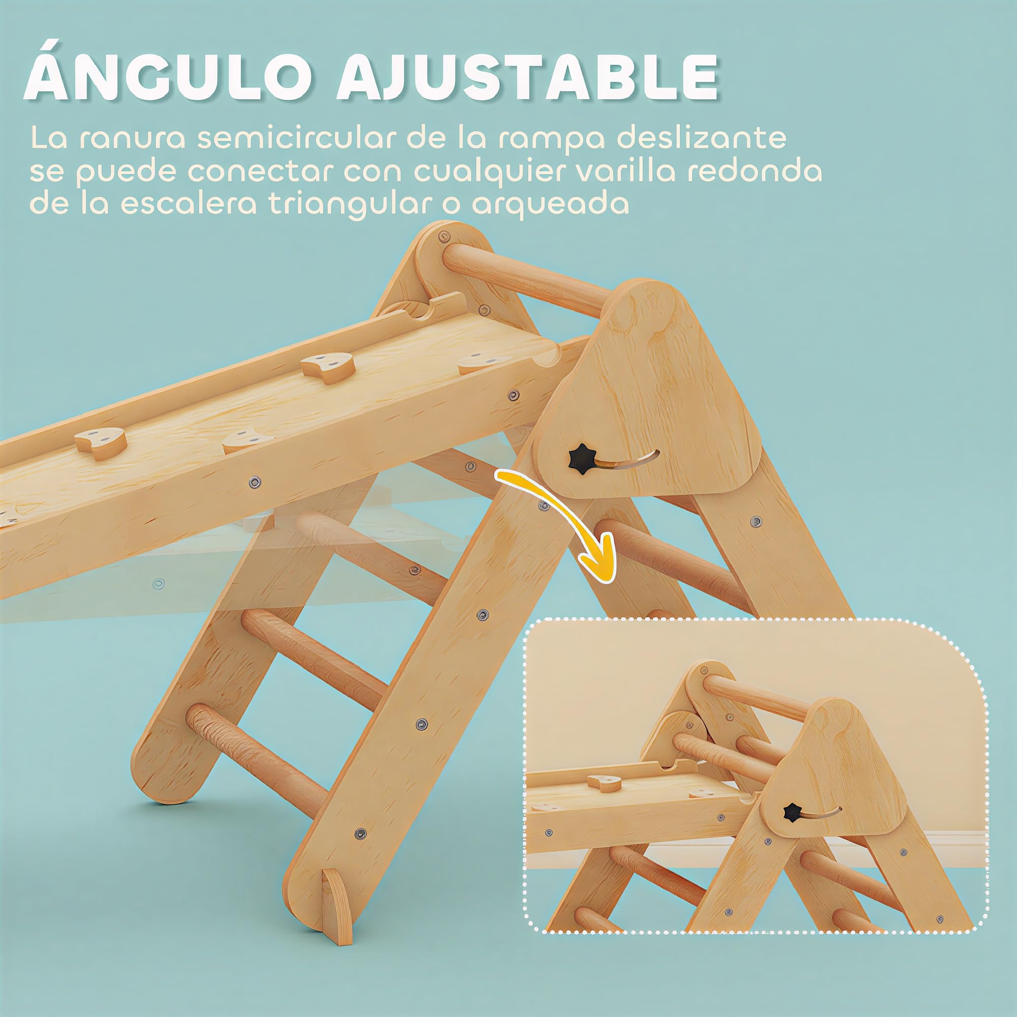 AIYAPLAY 7 en 1 Triángulo de Escalada Montessori con Arco y Rampa, Escalada para Niños de Madera Plegable, para 18-48 Meses, para Deslizarse o Escalar, 188x70 cm, Natural
