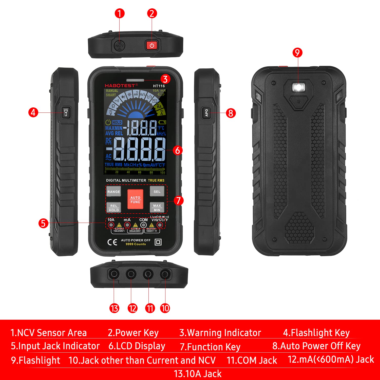HABOTEST HT116 Multimetro digitale con 9999 conteggi Vero RMS per misurare tensione CA CC corrente resistenza capacità frequenza temperatura e continuità - Tester elettrico