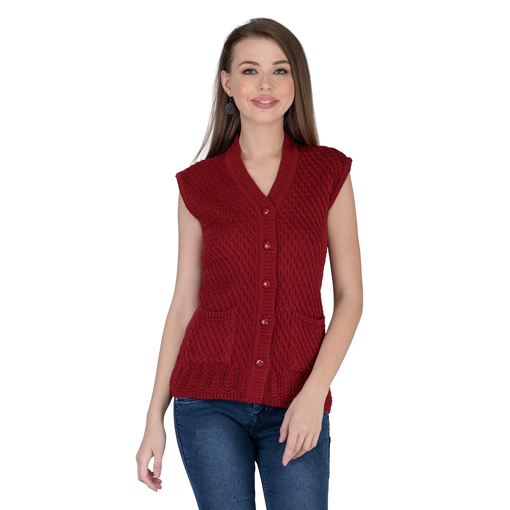 Women Woolen Cardigan Sleeveless Self Design Cardigan Rainbow Fabric Winter Wear Pure Wool Cardigan 100% Rainbow Wool Free Size Cotty Fully Warm with Front Pockets (XL, Maroon)-image-17