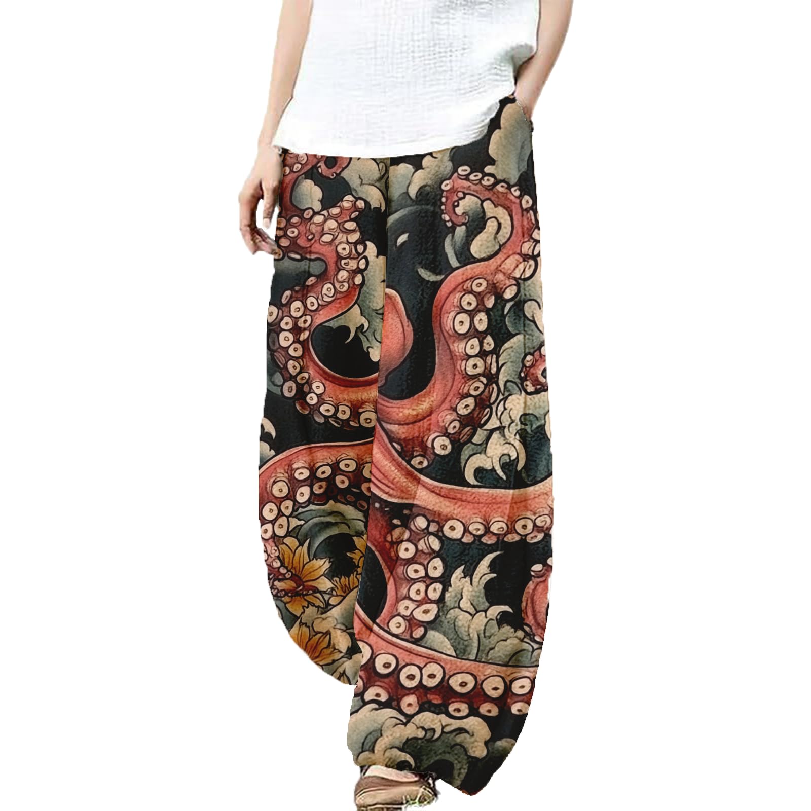Wide Leg Octopus Pants for Women Summer Baggy Pants Japanese Art Printed Outfits Pants Elastic Waist Lantern Trouser
